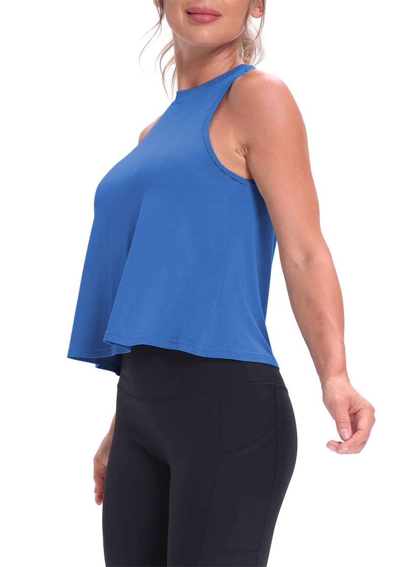 Mippo Workout Tops for Women High Neck Tank Cropped Workout Top Womens Muscle Tank Athletic T Shirts Crop Tees Blue S - Image 4